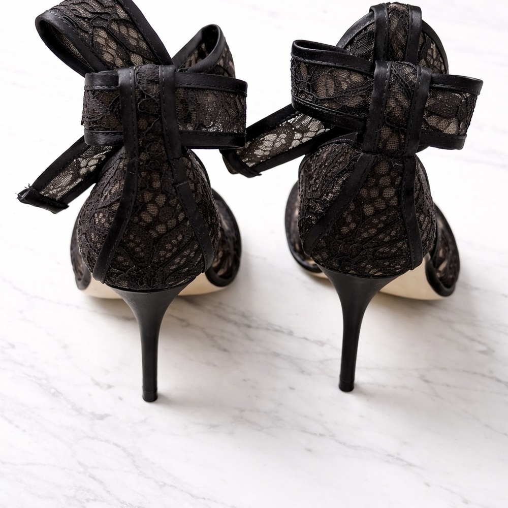 Black Lace Pointed Tpe Heele w/Ankle Tie Bow / Elegant Dress Shoes Size 6M 4” - Picture 4 of 4